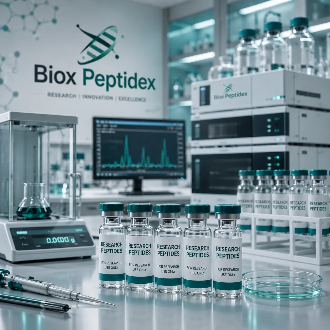 Research peptide vials and laboratory analytical equipment